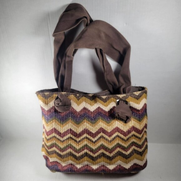 Braciano Brown Neutral Classic Everyday Beach Resort Chevron Woven Shoulder Bag - Picture 1 of 10